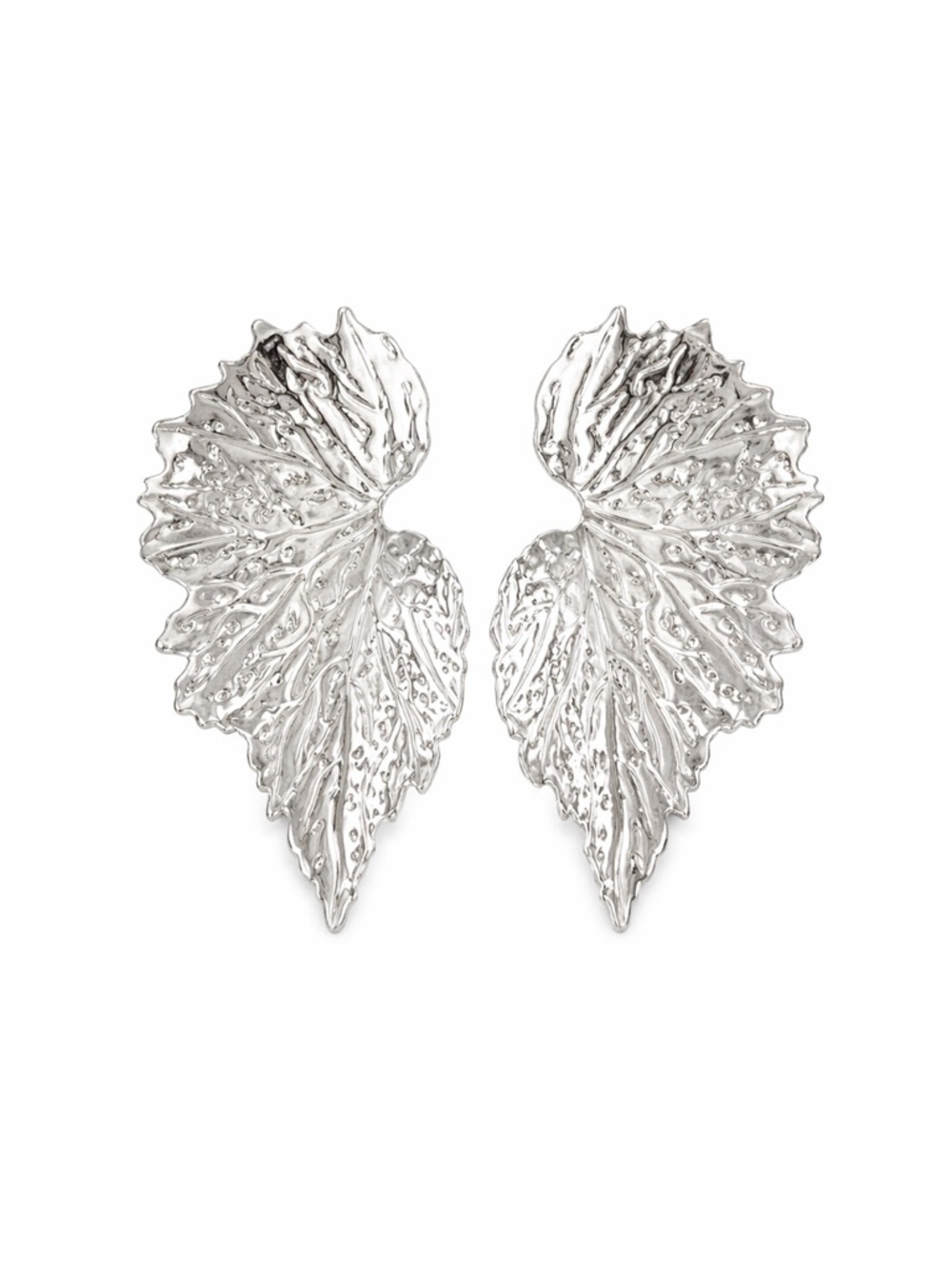 Silver Textured Leaf Statement Stud Earrings Botanical Vein Design - Picture 3 of 4